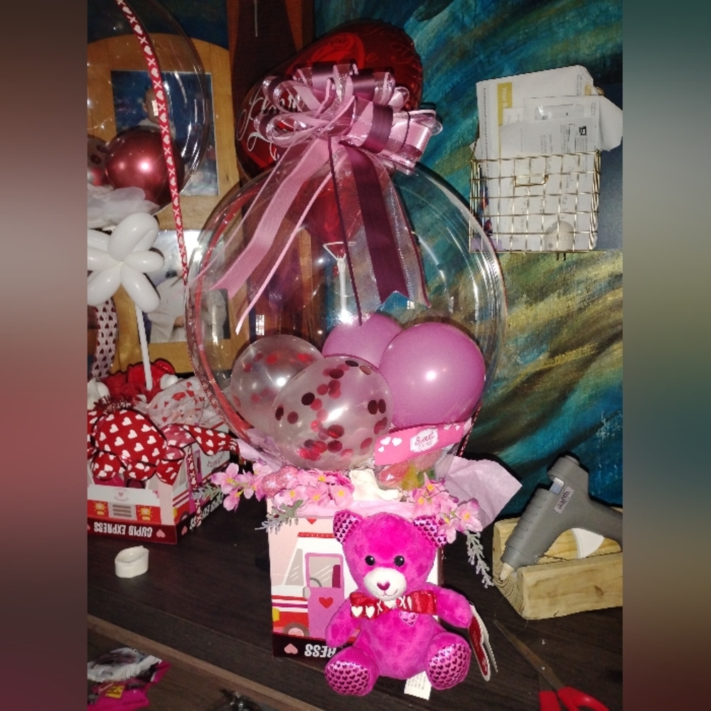 Pink Balloon Bouquet with Teddy Bear